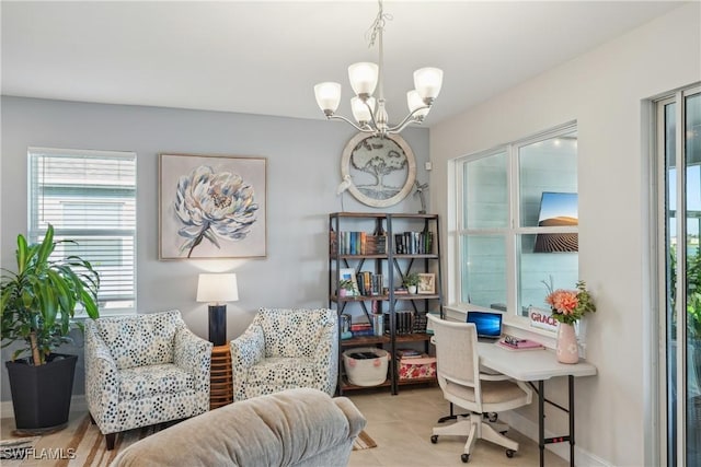 847 Stonewater Lake Ter, Cape Coral, FL 33993 - office space with a chandelier, tile patterned floors, and baseboards