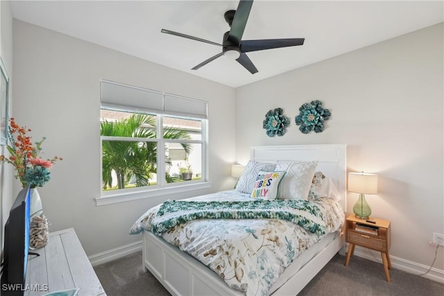 847 Stonewater Lake Ter, Cape Coral, FL 33993 - bedroom with dark colored carpet, baseboards, and a ceiling fan