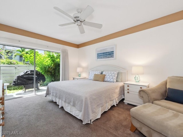 bedroom with dark carpet, access to exterior, and a ceiling fan