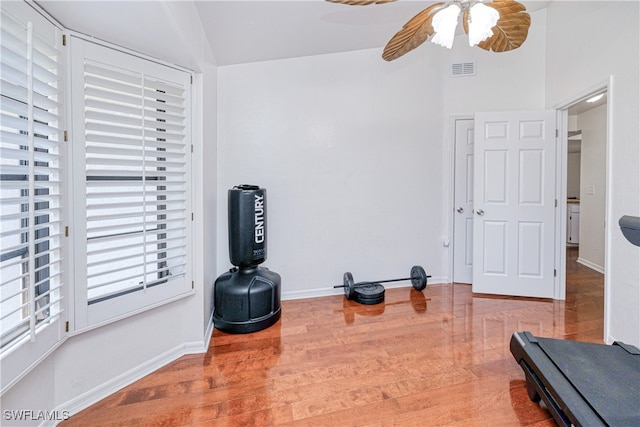 205 SW 42nd Ter, Cape Coral, FL 33914 - exercise area with wood finished floors, baseboards, ceiling fan, and lofted ceiling