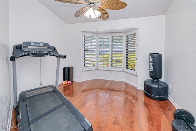 205 SW 42nd Ter, Cape Coral, FL 33914 - exercise area with wood finished floors, ceiling fan, baseboards, and vaulted ceiling