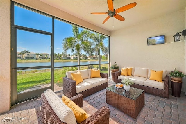 10486 Winged Elm Ln, Fort Myers, FL 33913 - sunroom with ceiling fan, an outdoor living space, and plenty of natural light