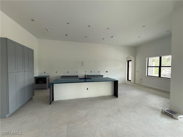 2481 24th Ave NE, Naples, FL 34120 - kitchen featuring arched walkways, a center island with sink, gray cabinetry, and open floor plan