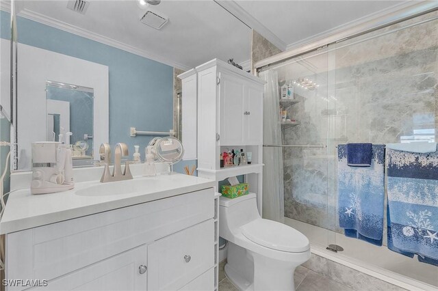 15030 Arbor Lakes Dr W Unit 201, North Fort Myers, FL 33917 - full bath with crown molding, visible vents, toilet, and a stall shower