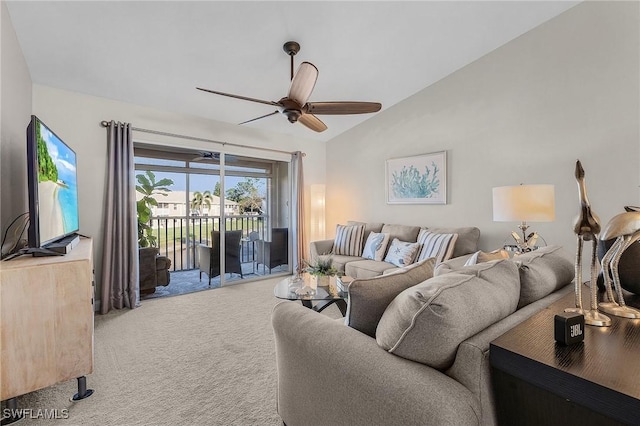 15030 Arbor Lakes Dr W Unit 201, North Fort Myers, FL 33917 - carpeted living room with ceiling fan and vaulted ceiling