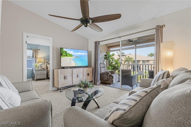 15030 Arbor Lakes Dr W Unit 201, North Fort Myers, FL 33917 - living area featuring ceiling fan, vaulted ceiling, and carpet floors
