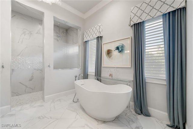 full bathroom with a soaking tub, marble finish floor, baseboards, and a marble finish shower
