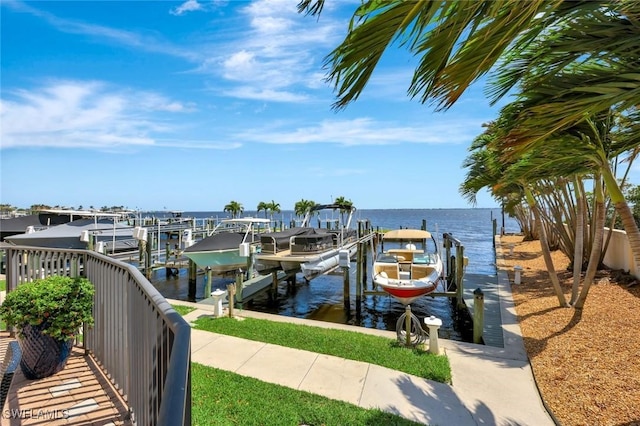 dock area featuring boat lift and a water view