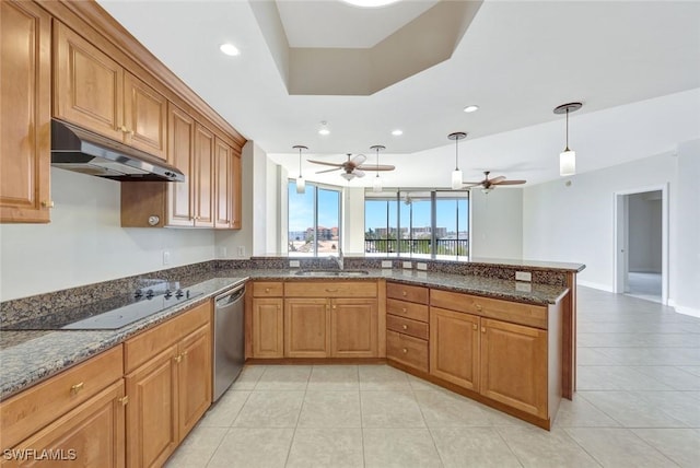 kitchen with a ceiling fan, black electric cooktop, light tile patterned floors, dishwasher, and under cabinet range hood
