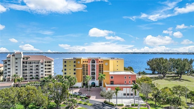 aerial view featuring a water view
