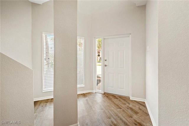 entryway with wood finished floors, a towering ceiling, baseboards, and a textured wall