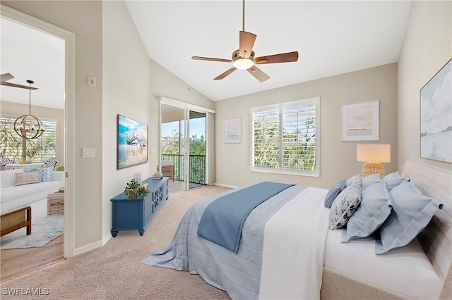 bedroom featuring lofted ceiling, light carpet, access to outside, and multiple windows