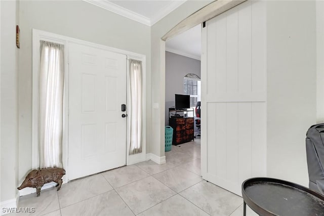 foyer featuring crown molding and light tile patterned floors