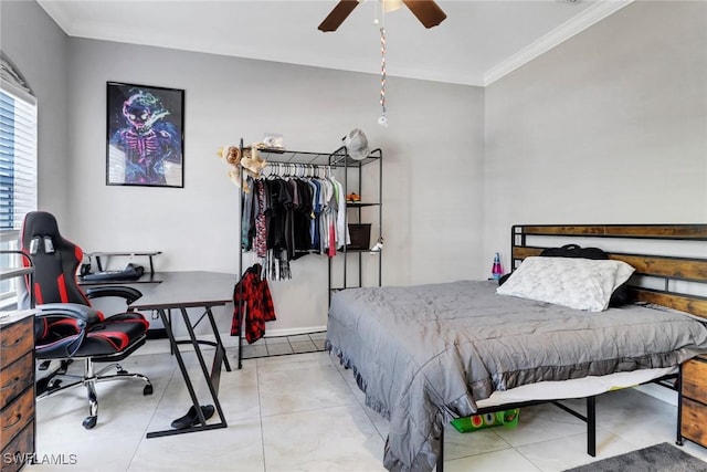 bedroom featuring crown molding, light tile patterned floors, and a ceiling fan