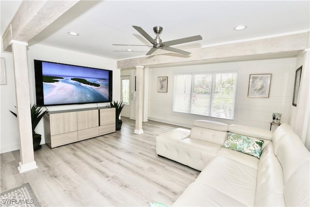 2061 Santa Barbara Blvd, Naples, FL 34116 - living area with ceiling fan, recessed lighting, baseboards, light wood finished floors, and ornate columns