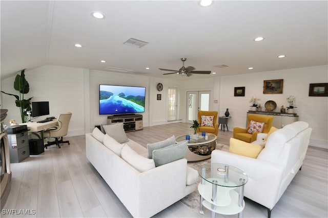 2061 Santa Barbara Blvd, Naples, FL 34116 - living room featuring an office area, light wood-type flooring, recessed lighting, a ceiling fan, and lofted ceiling