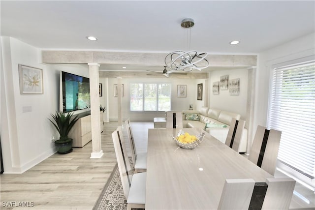 2061 Santa Barbara Blvd, Naples, FL 34116 - dining room featuring light wood-type flooring, decorative columns, baseboards, recessed lighting, and ceiling fan