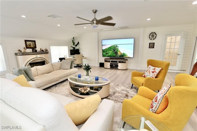 2061 Santa Barbara Blvd, Naples, FL 34116 - living room featuring wood finished floors, ceiling fan, a fireplace, and recessed lighting