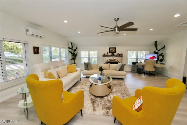 2061 Santa Barbara Blvd, Naples, FL 34116 - living room featuring a wall mounted air conditioner, healthy amount of natural light, vaulted ceiling, a ceiling fan, and recessed lighting
