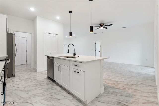 8 Cleat Ct, Placida, FL 33946 - kitchen featuring a sink, appliances with stainless steel finishes, light marble finish flooring, a ceiling fan, and recessed lighting