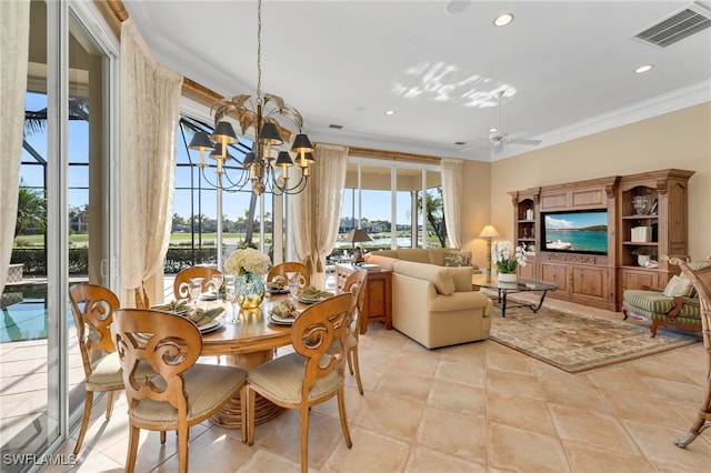 1716 Venezia Way, Naples, FL 34105 - dining space with ornamental molding, a chandelier, a ceiling fan, light tile patterned floors, and recessed lighting