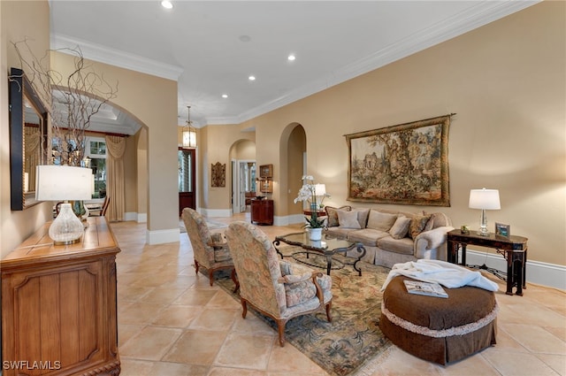 1716 Venezia Way, Naples, FL 34105 - living room featuring arched walkways, recessed lighting, ornamental molding, and light tile patterned floors