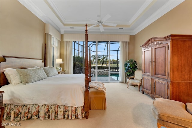 1716 Venezia Way, Naples, FL 34105 - bedroom featuring carpet flooring, ornamental molding, access to exterior, a ceiling fan, and a sunroom