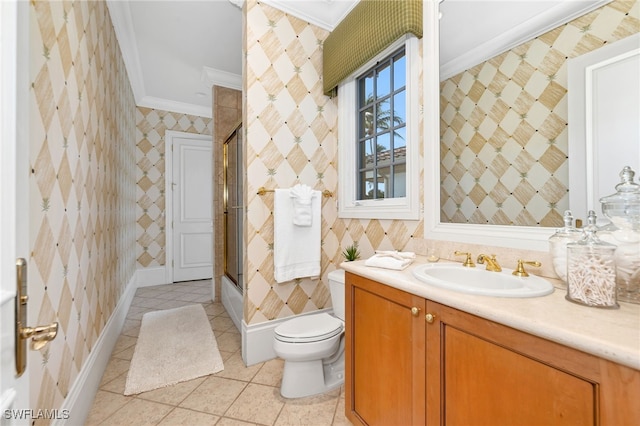 1716 Venezia Way, Naples, FL 34105 - full bath with crown molding, vanity, tile patterned floors, a shower with shower door, and wallpapered walls