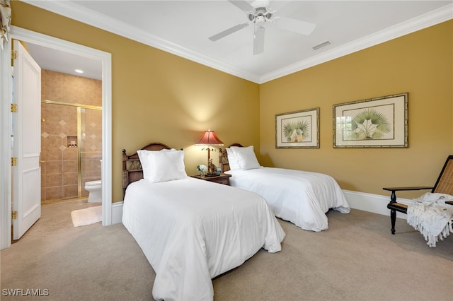 1716 Venezia Way, Naples, FL 34105 - carpeted bedroom with crown molding, connected bathroom, and ceiling fan