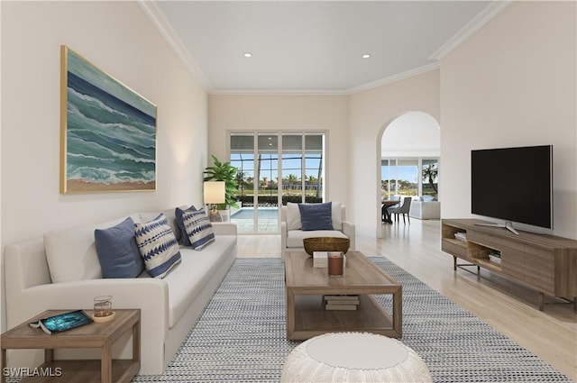 1716 Venezia Way, Naples, FL 34105 - living area featuring arched walkways, wood finished floors, ornamental molding, and recessed lighting
