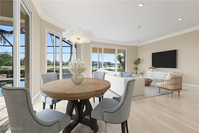 1716 Venezia Way, Naples, FL 34105 - dining room featuring crown molding, light wood-style flooring, recessed lighting, and ceiling fan