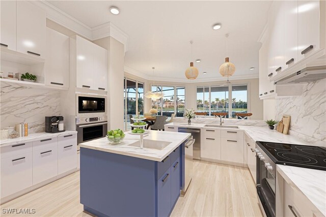 1716 Venezia Way, Naples, FL 34105 - kitchen with appliances with stainless steel finishes, white cabinetry, blue cabinetry, tasteful backsplash, and crown molding
