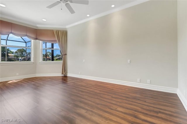 14070 Tivoli Ter, Bonita Springs, FL 34135 - unfurnished room featuring ornamental molding, dark wood-style flooring, baseboards, ceiling fan, and recessed lighting