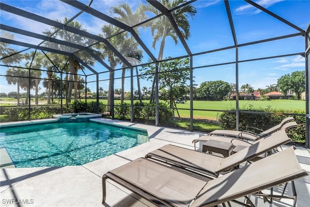 14070 Tivoli Ter, Bonita Springs, FL 34135 - view of swimming pool with glass enclosure, a pool with connected hot tub, view of golf course, and a patio area