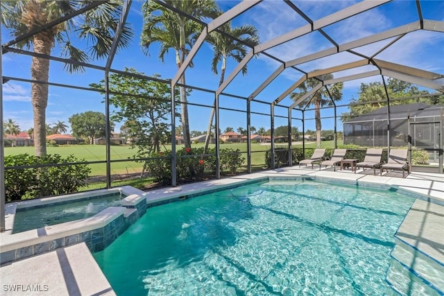 14070 Tivoli Ter, Bonita Springs, FL 34135 - view of swimming pool with glass enclosure, a patio area, and a pool with connected hot tub