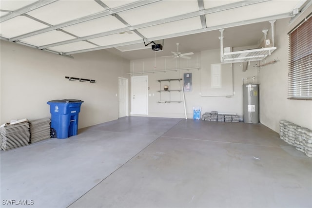 14070 Tivoli Ter, Bonita Springs, FL 34135 - garage featuring water heater, a garage door opener, a ceiling fan, and electric panel