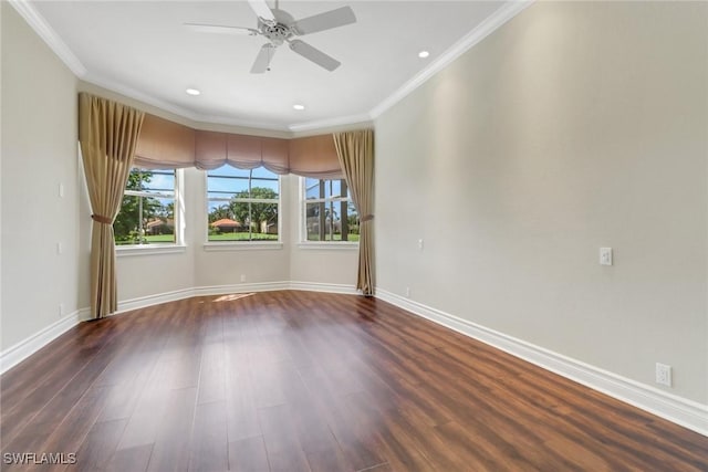 14070 Tivoli Ter, Bonita Springs, FL 34135 - empty room with crown molding, baseboards, dark wood-type flooring, recessed lighting, and a ceiling fan