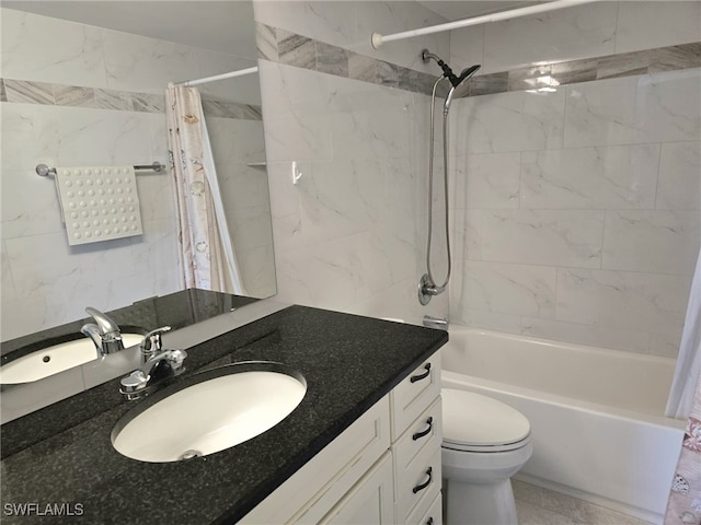 full bath featuring shower / tub combo, toilet, and vanity
