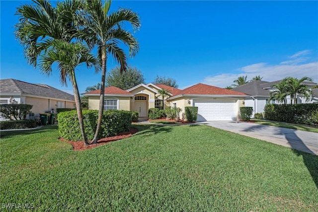 view of front facade featuring concrete driveway, a garage, a front lawn, and stucco siding