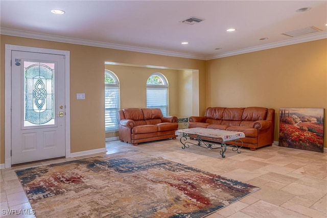 419 Pine Ave, Naples, FL 34108 - living area featuring crown molding, recessed lighting, visible vents, and plenty of natural light