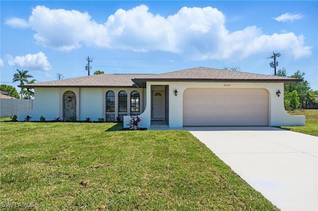 2203 SE Santa Barbara Pl, Cape Coral, FL 33990 - ranch-style house featuring concrete driveway, a front lawn, an attached garage, and stucco siding