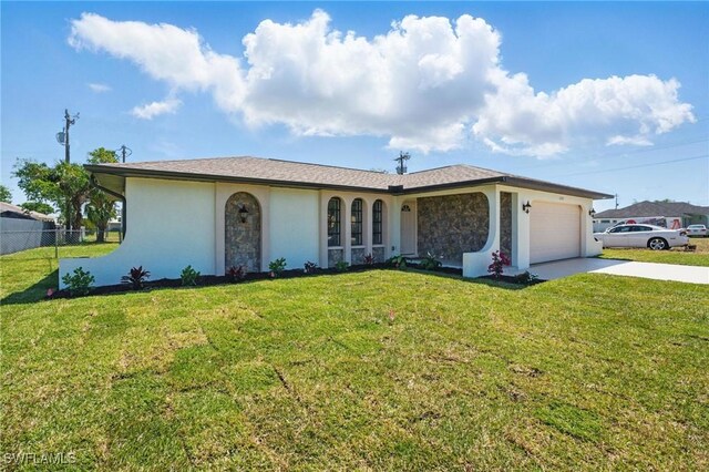 2203 SE Santa Barbara Pl, Cape Coral, FL 33990 - ranch-style home with a garage, stucco siding, a front yard, fence, and driveway