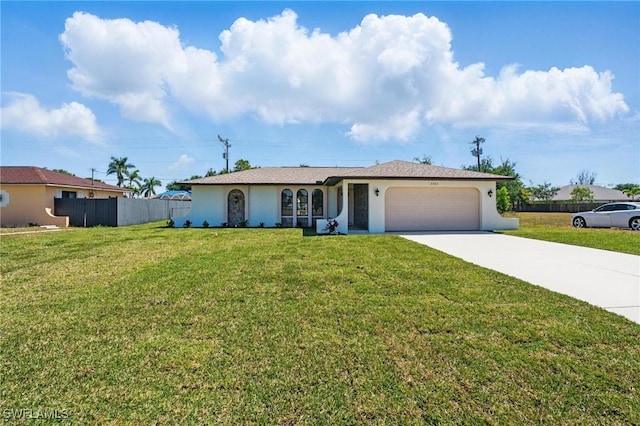 2203 SE Santa Barbara Pl, Cape Coral, FL 33990 - ranch-style home featuring a garage, stucco siding, fence, a front lawn, and driveway