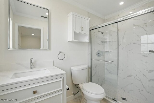 2203 SE Santa Barbara Pl, Cape Coral, FL 33990 - full bathroom with ornamental molding, toilet, recessed lighting, vanity, and a marble finish shower