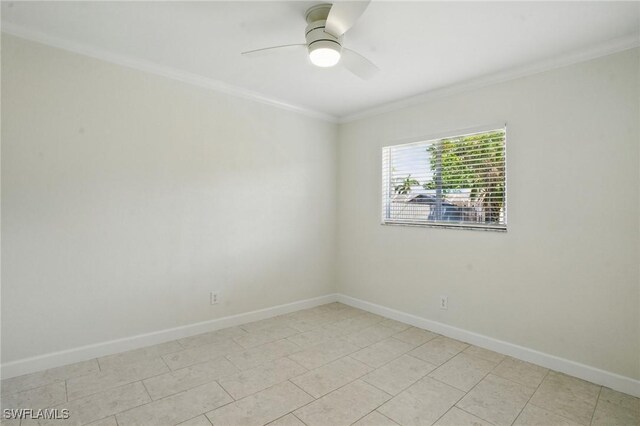 2203 SE Santa Barbara Pl, Cape Coral, FL 33990 - spare room with light tile patterned floors, baseboards, crown molding, and ceiling fan