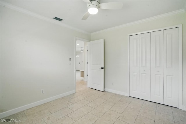 2203 SE Santa Barbara Pl, Cape Coral, FL 33990 - unfurnished bedroom featuring baseboards, a closet, ornamental molding, visible vents, and ceiling fan