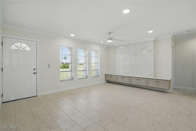 2203 SE Santa Barbara Pl, Cape Coral, FL 33990 - foyer entrance with recessed lighting, baseboards, crown molding, and a ceiling fan