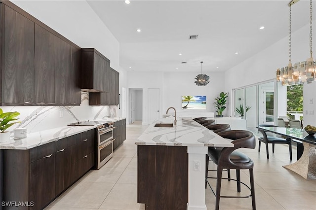 kitchen with visible vents, a sink, double oven range, and recessed lighting