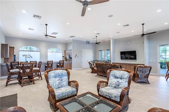 14696 Indigo Lakes Cir, Naples, FL 34119 - living area featuring light tile patterned floors, a ceiling fan, visible vents, and recessed lighting