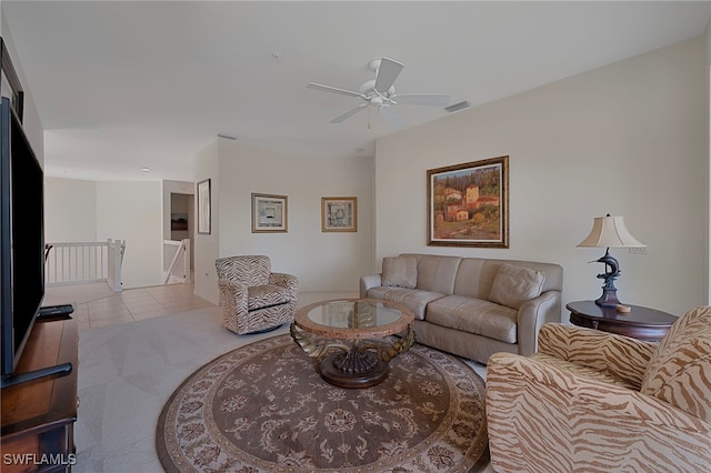 2165 Arielle Dr Unit 1605, Naples, FL 34109 - living room featuring a ceiling fan, tile patterned floors, visible vents, and carpet